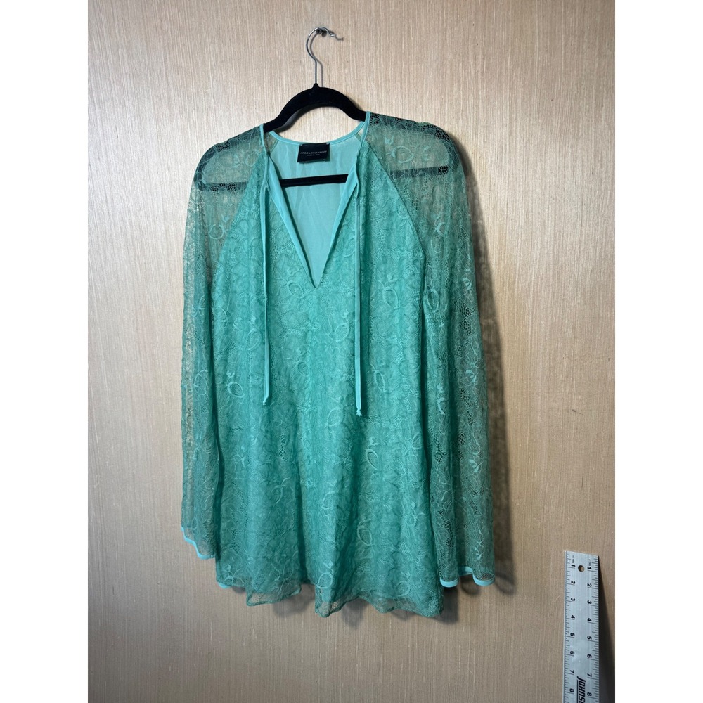Atos Lombardini Italy Seafoam Green Floral Lace V-Neck Tie Tunic Blouse Sz 50